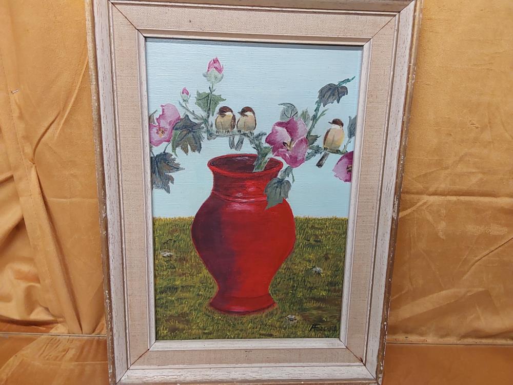 TABLEAU POT DE FLEURS ET OISEAUX 