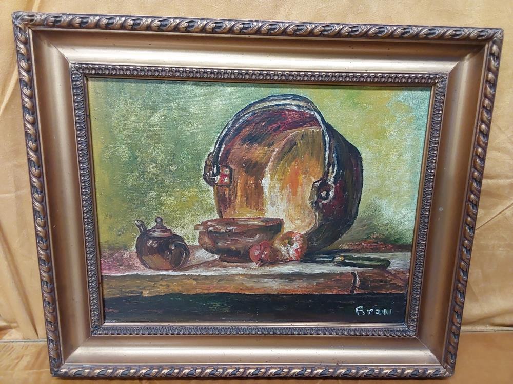 TABLEAU NATURE MORTE AU CHAUDRON SIGNÉ BRAN