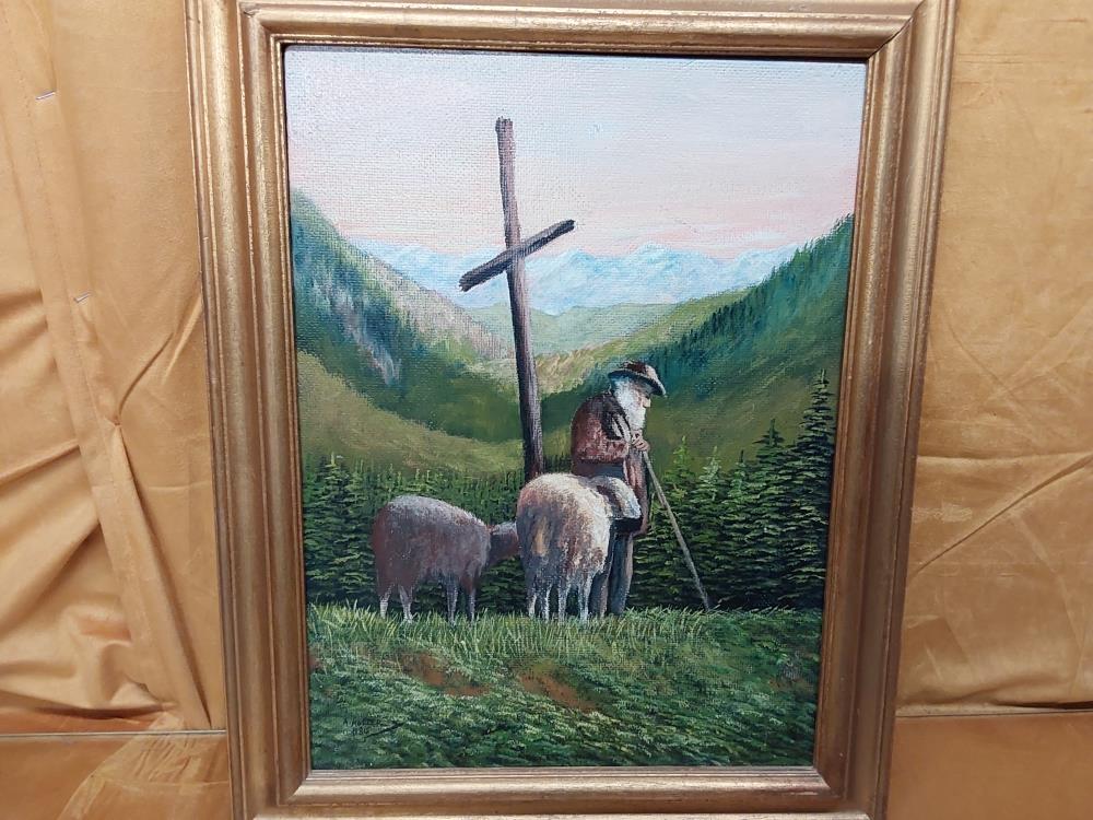 TABLEAU MOUTONS ET BERGER DANS MONTAGNE