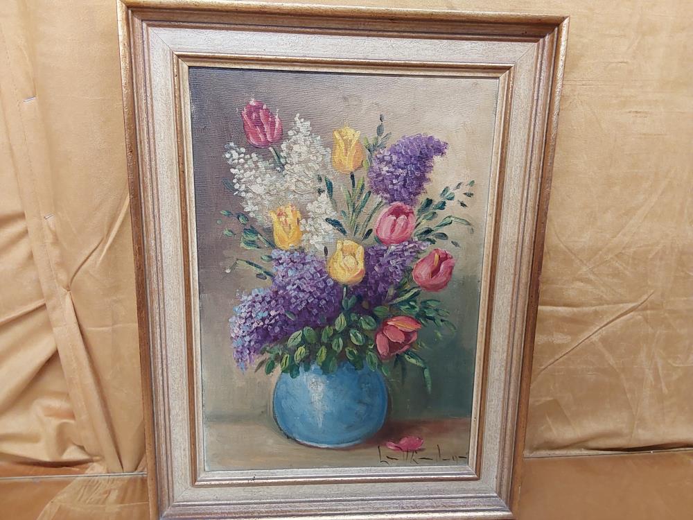 TABLEAU VASE BLEU ET FLEURS MULTICOLORES 