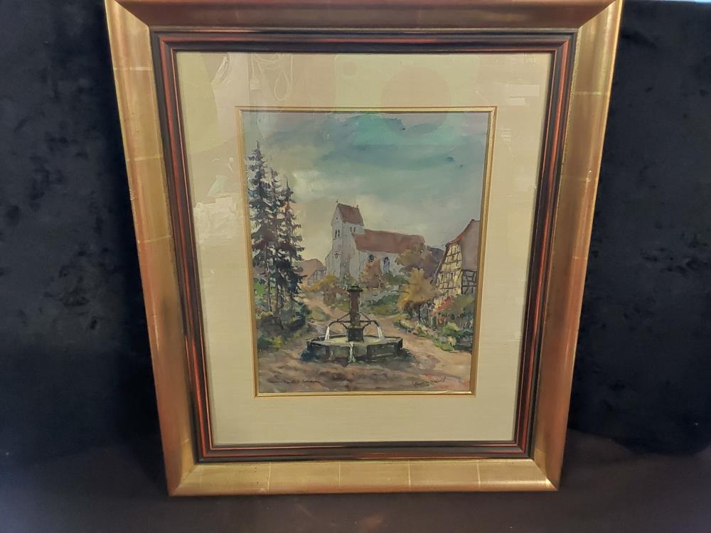 AQUARELLE SIGNEE ZIEBOLD MOTIF FONTAINE DE VILLAGE