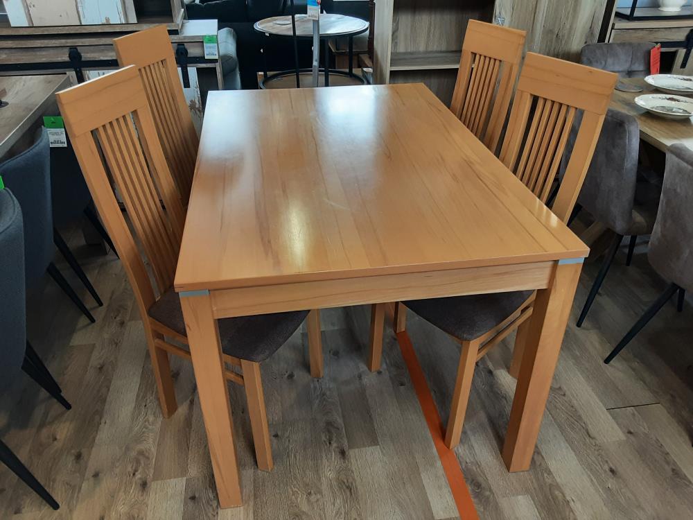 ENSEMBLE TABLE 140X90 ET 4 CHAISES EN BOIS TISSUS GRIS