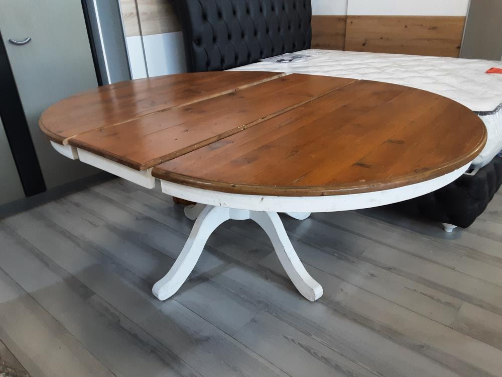 TABLE RONDE MAISON DU MONDE PIED CENTRAL BOIS BICOLORE BLANC ET BRUN + 1 ALLONGE 40CM