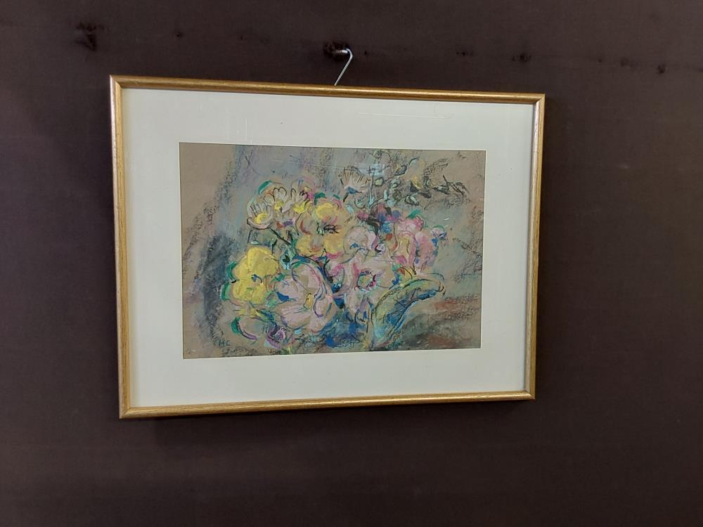 TABLEAU CRAYON GRAS SOUS VERRE  FLEURS SIGNÉ HC