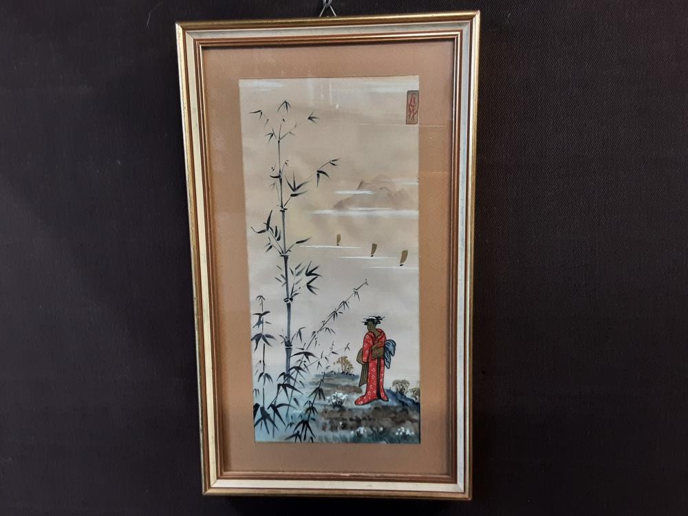 PEINTURE SUR SOIE MODELE ASIATIQUE SOUS VERRE