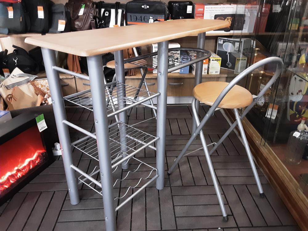TABLE DE BAR EN BOIS PIEDS MÉTALS + 2 TABOURETS 
