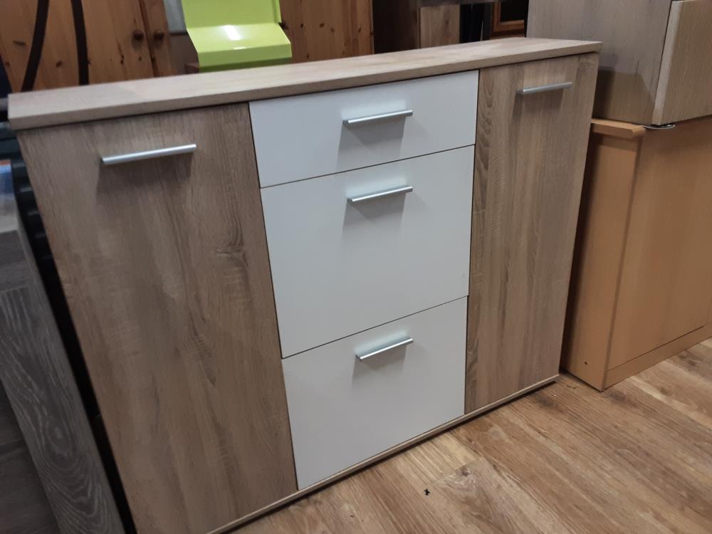 BAHUT BAS 2 PORTES 3 TIROIRS COLORIS BRUN ET BLANC