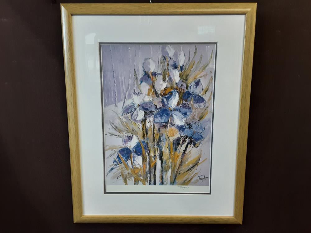 AFFICHE SOUS VERRE FLEURS BLEUES SIGNÉ 