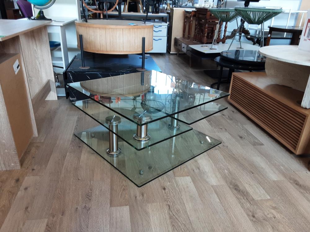 Table Basse Pied Metal Chrome Plateaux En Verre Tournant