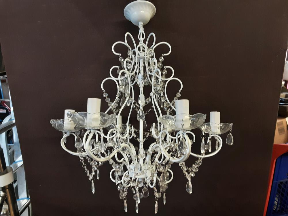 LUSTRE 6 FEUX METAL BLANC A PAMPILLES 