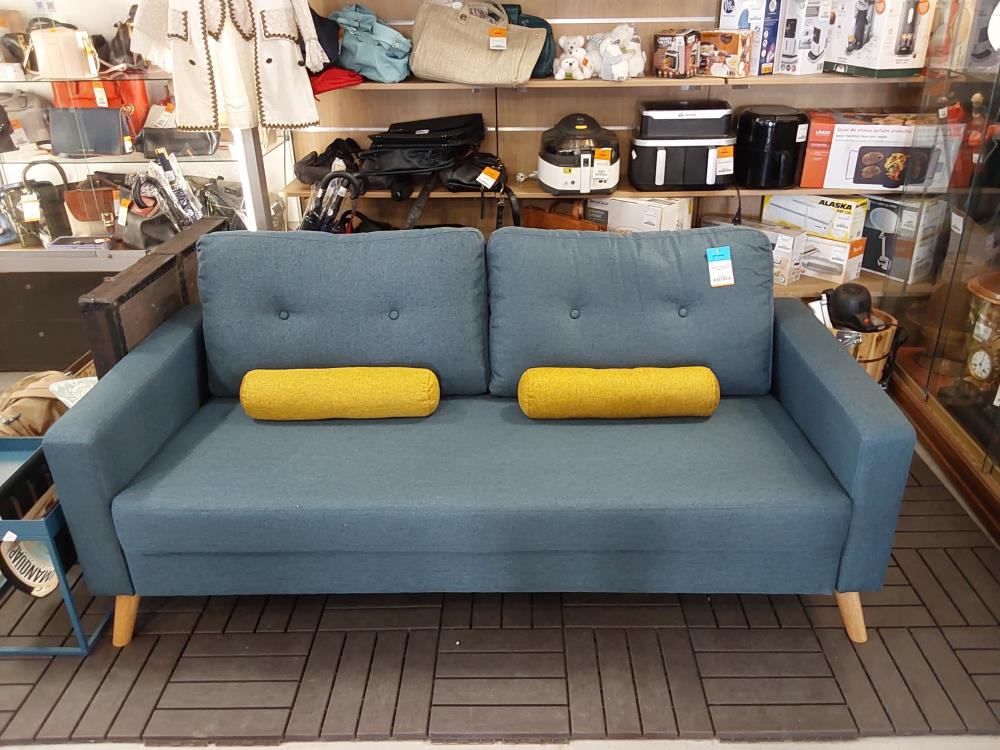 CANAPÉ 3 PLACES TISSU BLEU - PIEDS BOIS (1188569-85657) 2ÈME CHOIX