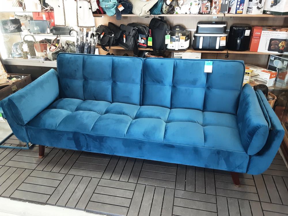CANAPÉ 3 PLACES CONVERTIBLE CLIC CLAC VELOURS BLEU - 2 COLIS (121765) 2ÈME CHOIX