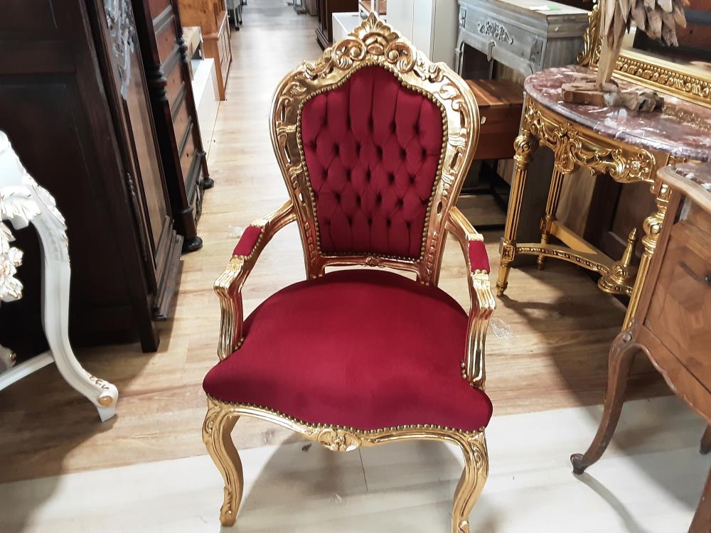 FAUTEUIL BAROQUE CADRE DORE TISSU ROUGE