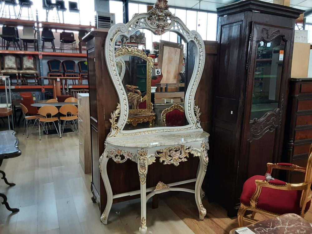 CONSOLE AVEC MIROIR BAROQUE CADRE BLANC ET DORE MARBRE BLANC BEIGE