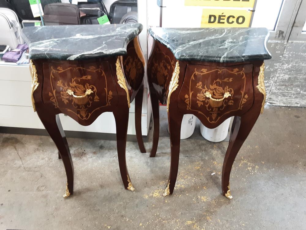 COMMODE PM BAROQUE MARQUETEE GALBE 1 TIROIR MARBRE VERT