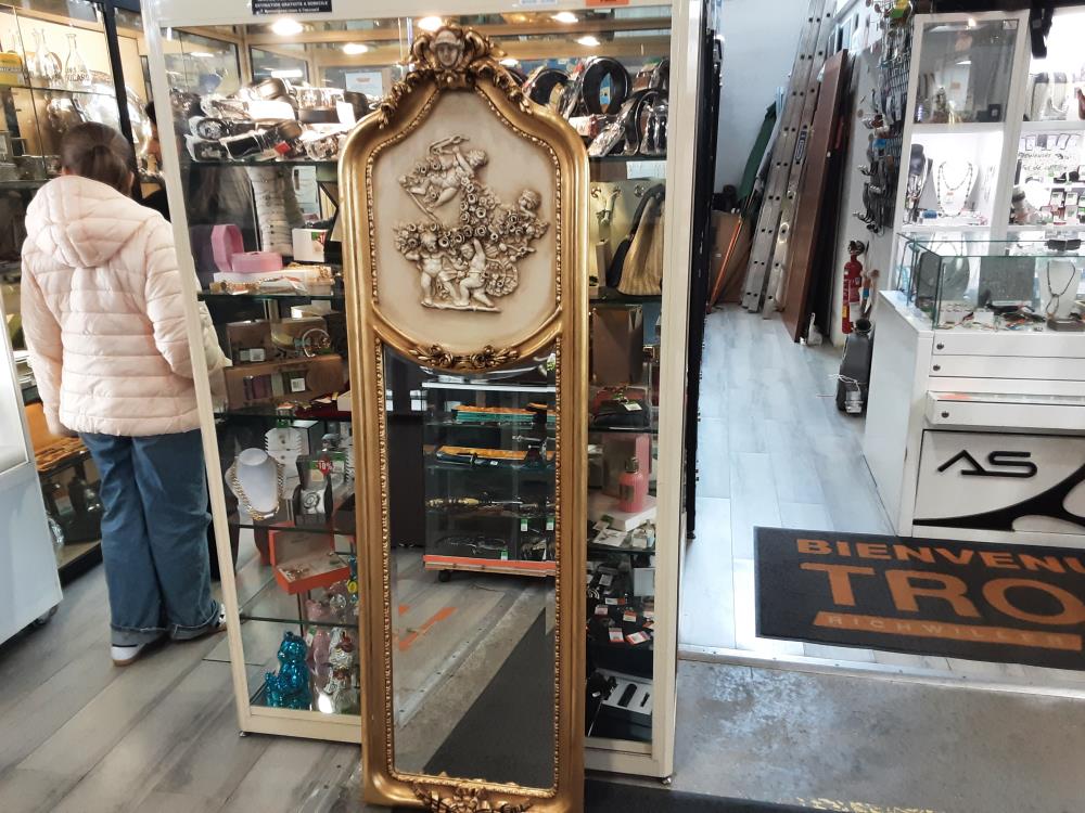 MIROIR LONG BAROQUE CADRE BOIS DORE ANGELOTS BLANCS RESINE EN RELIEF