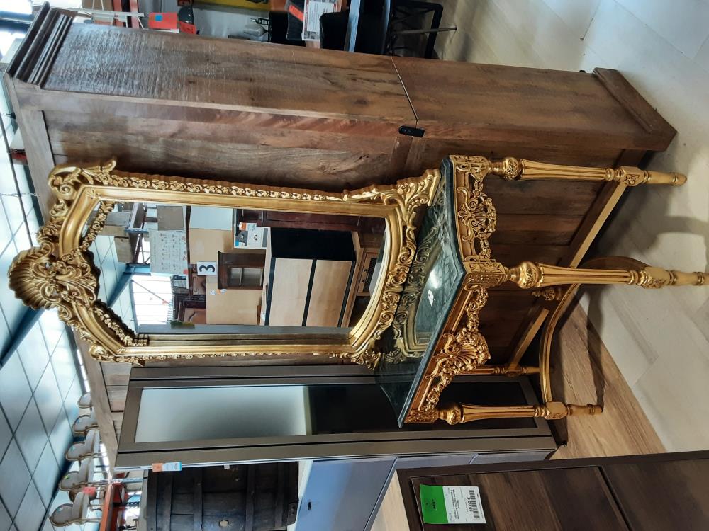 CONSOLE BAROQUE AVEC MIROIR MARBRE VERT CADRE DORE