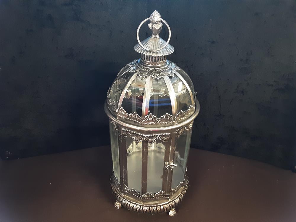 LANTERNE RONDE PM METAL GRIS A FACETTES VERRE (LA-169)