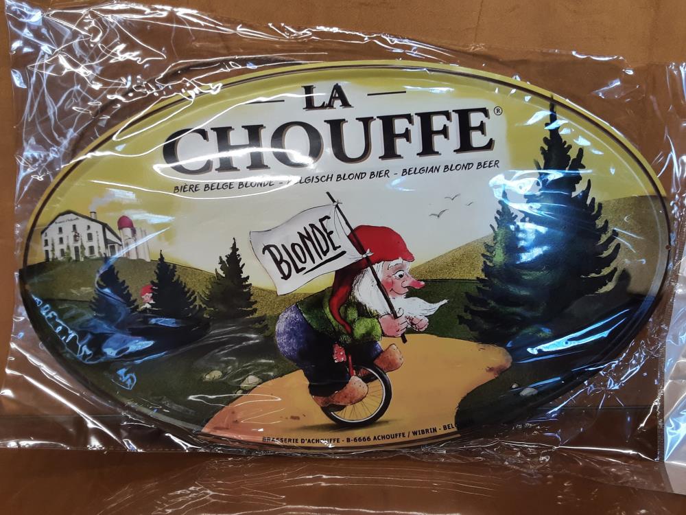 PLAQUE MÉTAL OVALE BIERE BLONDE CHOUFFE L.56CM (8PL-1604833552222)