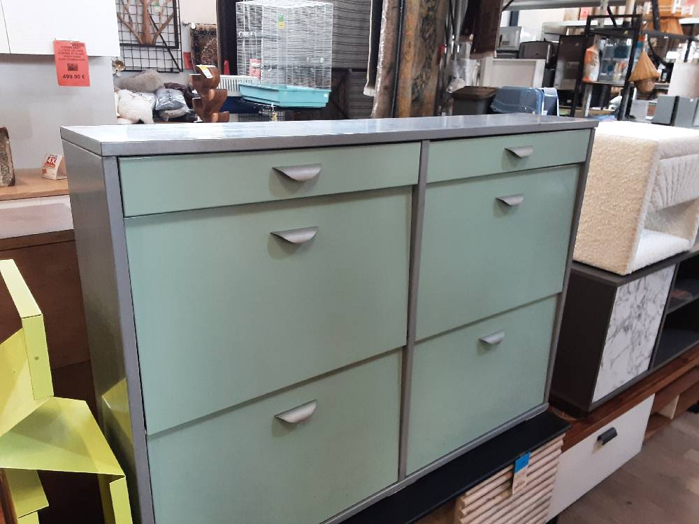 MEUBLE A CHAUSSURE4 PORTES 2 TIROIRS METAL GRIS ET VERT
