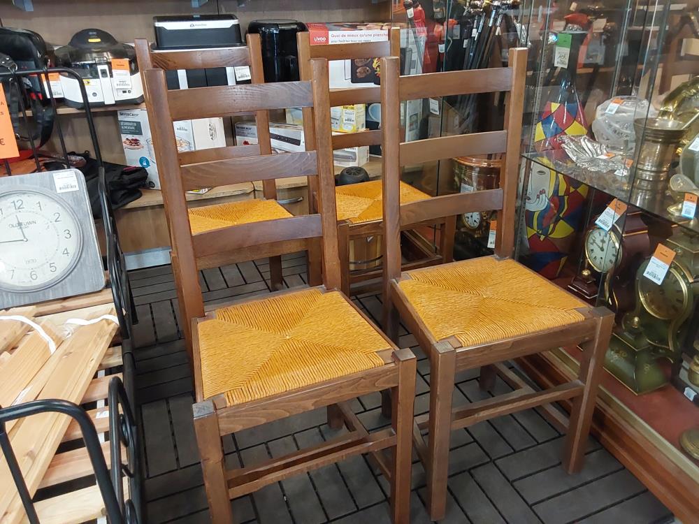 LOT DE 4 CHAISES BOIS FONCÉ ASSISE PAILLÉE 