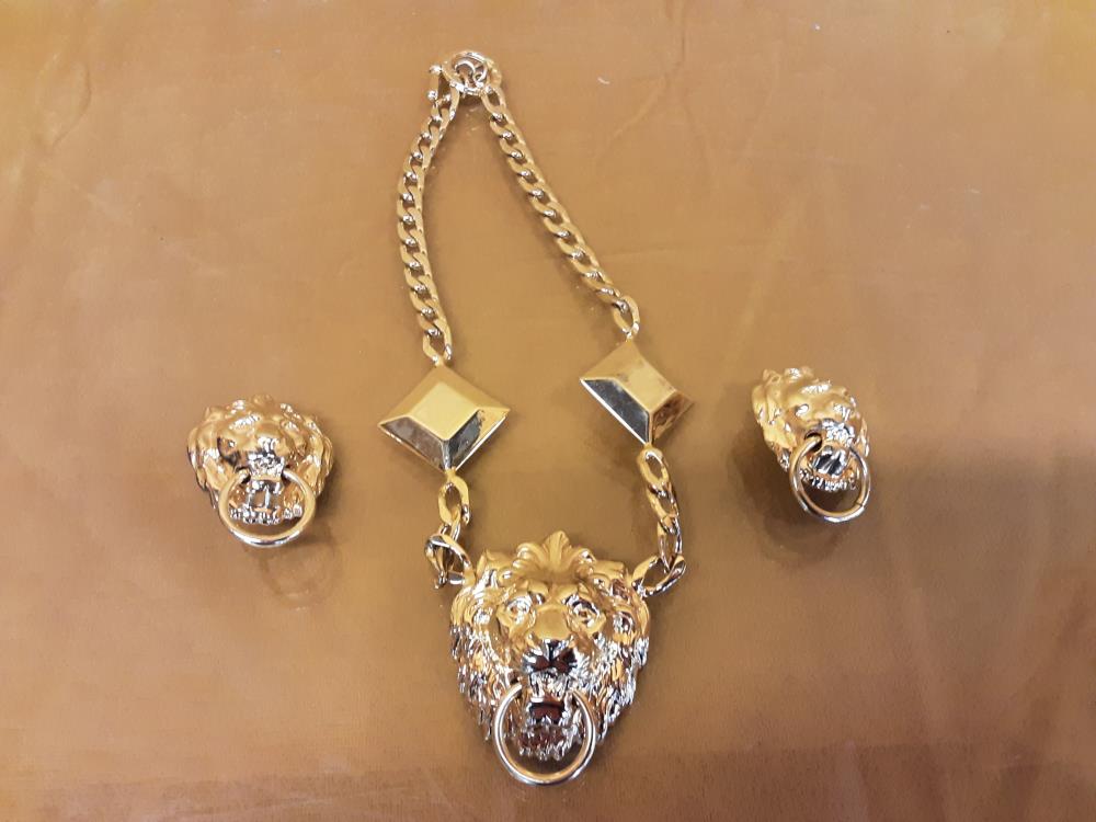 COLLIER CHAINE TETE DE LION + BOUCLES D'OREILLES TETE DE LIONS