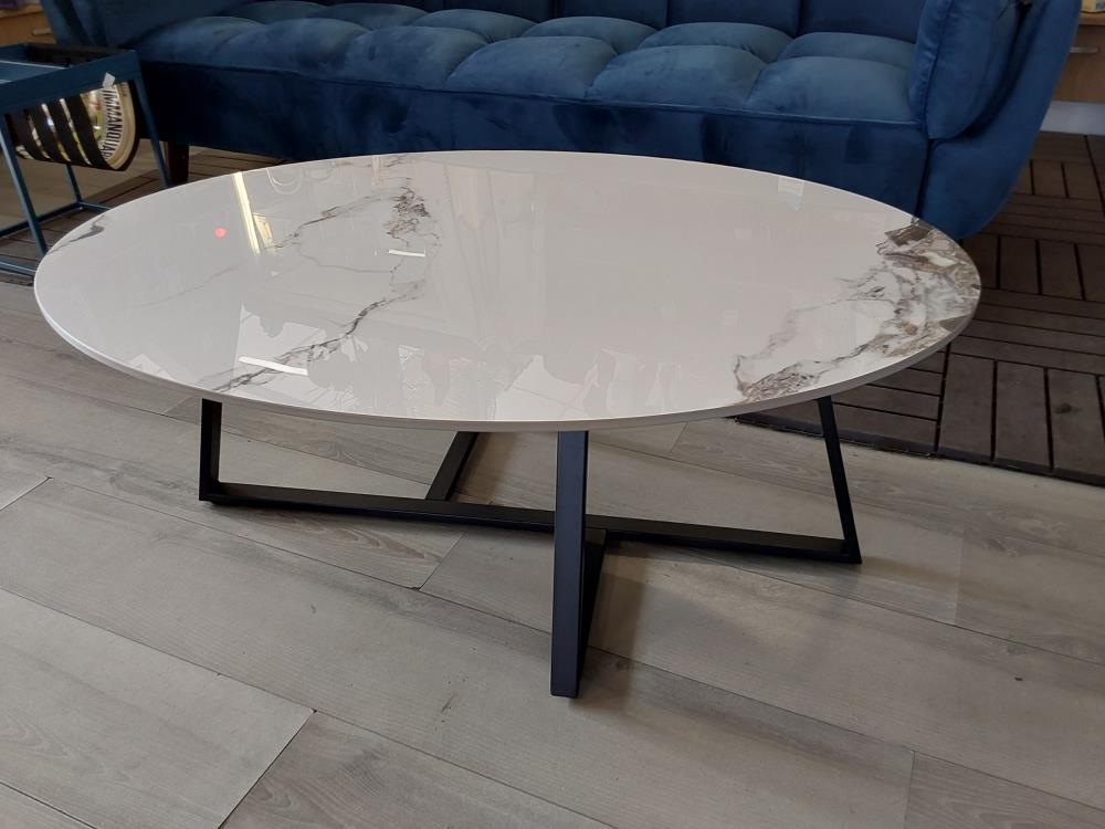 TABLE BASSE PIEDS METAL GRIS-NOIR PLATEAU OVALE CERAMIQUE BLANC - DESTOCK (1403MBG)