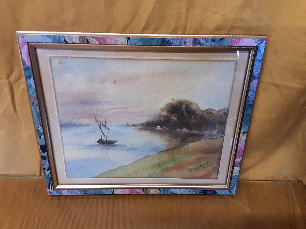 TABLEAU AQUARELLE SIGNEE MOTIF BATEAU PLAGE