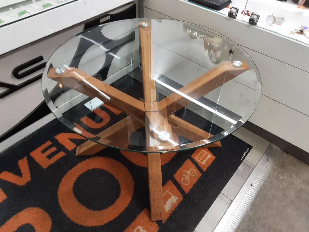 TABLE BASSE RONDE PIEDS BOIS PLATEAU VERRE