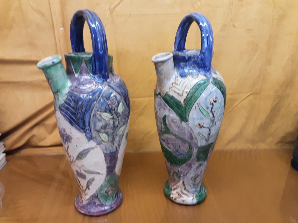 Cruche En Terre Cuite Avec Anse Vert Et Bleu H.45Cm