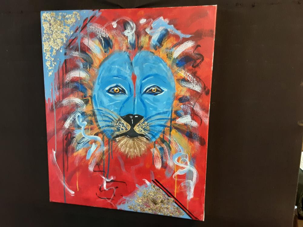 TABLEAU SANS CADRE LION BLEU 50X60