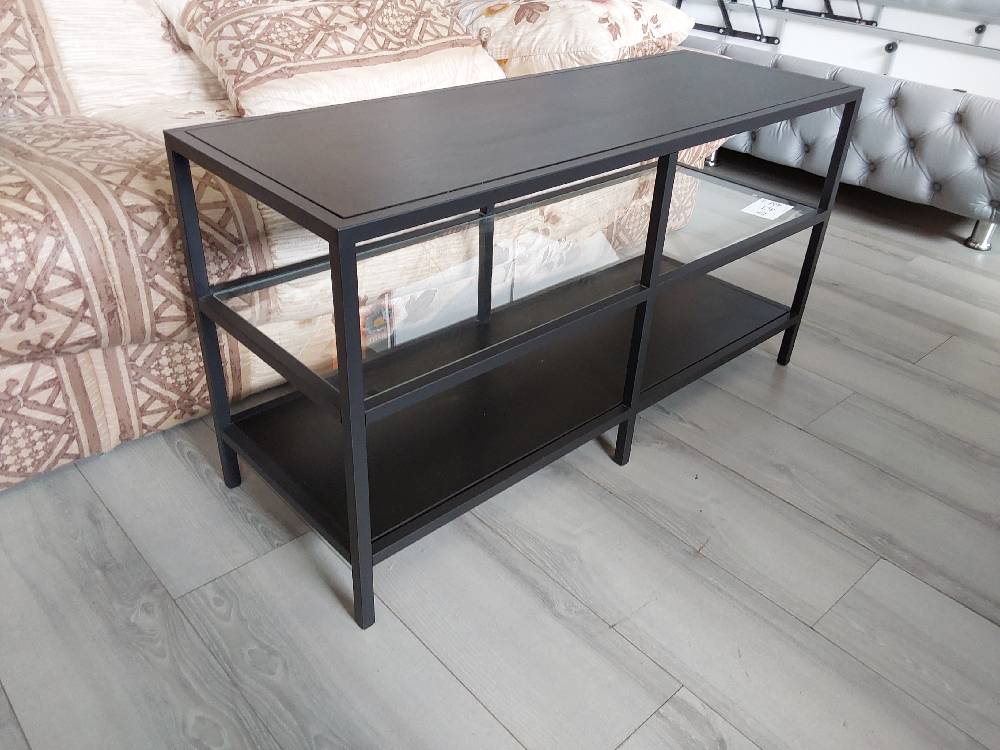 MEUBLE TV MÉTAL NOIR 1 PLATEAU VERRE ET 2 PLATEAUX NOIRS