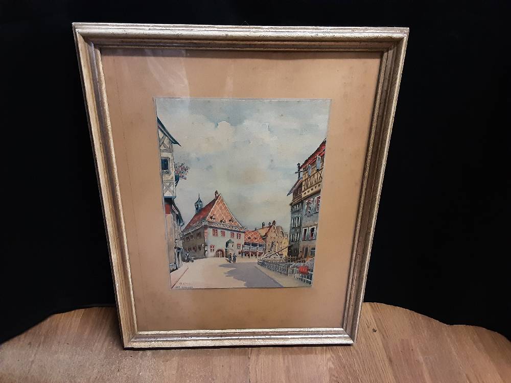 TABLEAU AQUARELLE MAISONS DE VILLAGE SIGNE