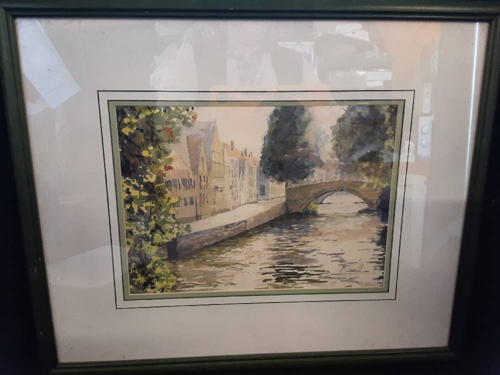 TABLEAU AQUARELLE CADRE VERT PONT RIVIERE