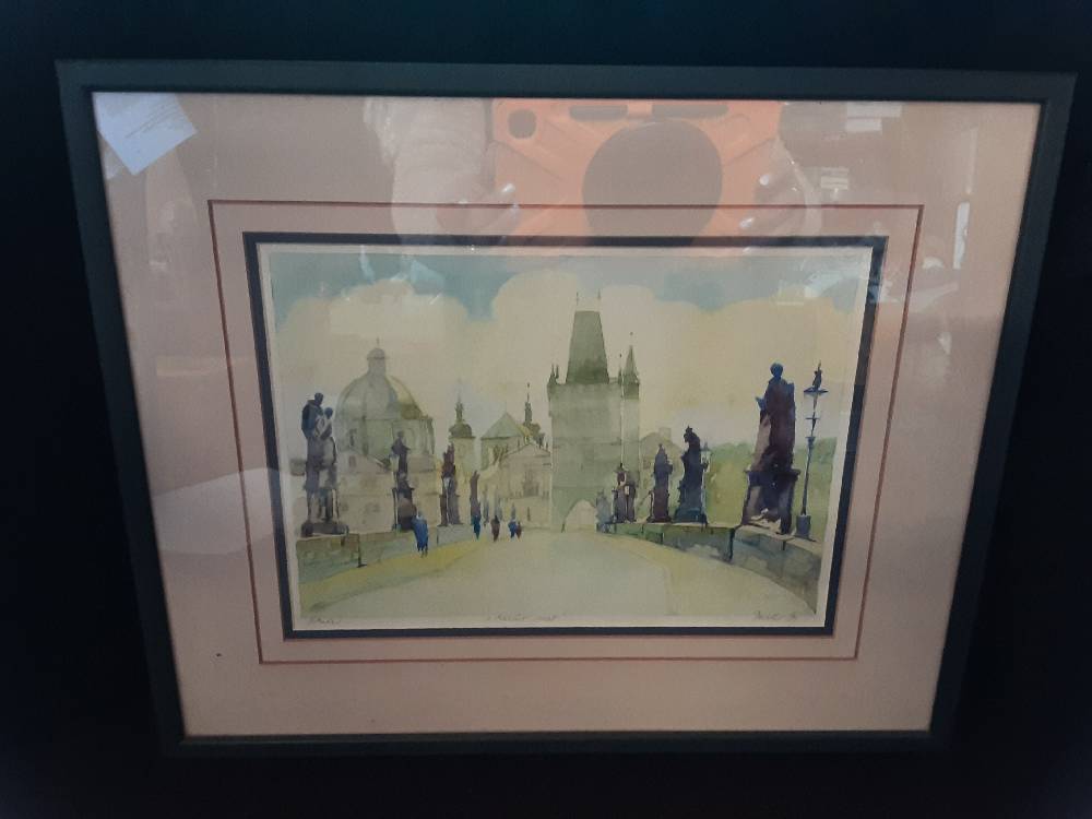 TABLEAU AQUARELLE SIGNEE ’CATHEDRALE ’ CADRE VERT