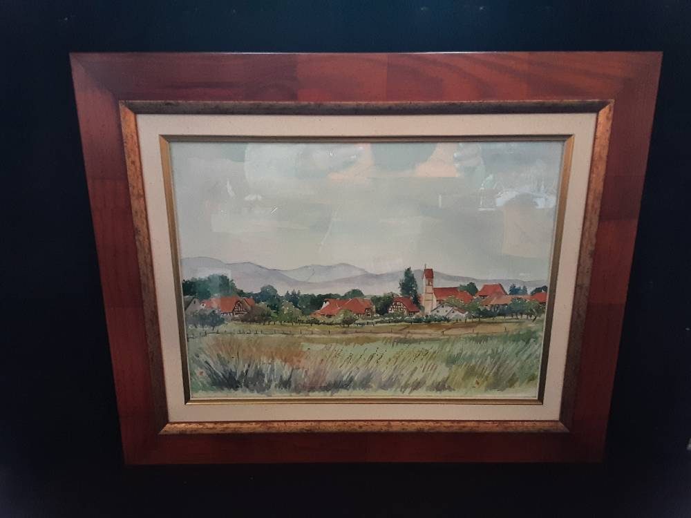 TABLEAU AQUARELLE PRAIRIE MAISONS DE VILLAGE CADRE BOIS
