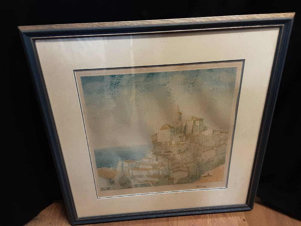 TABLEAU AFFICHE MAISONS SUR COLLINE CADRE BLEU