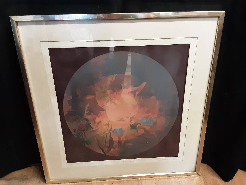 TABLEAU AQUARELLE CERCLE FLORAL CADRE DORE