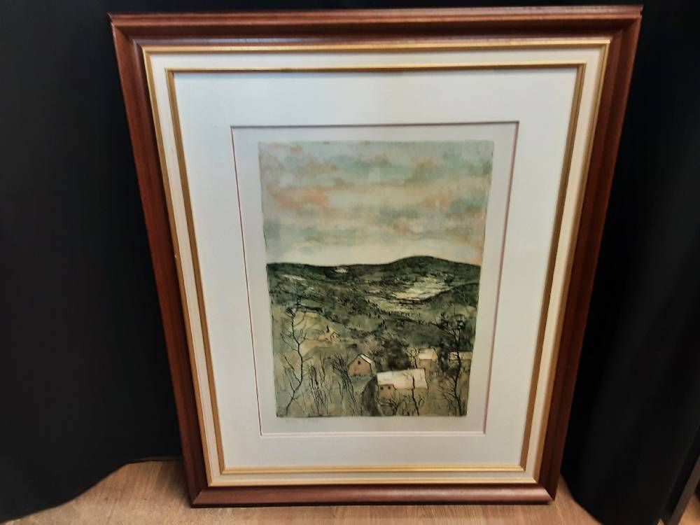 TABLEAU AQUARELLE SIGNE GANTNER VALLEE MAISONS DE CAMPAGNE