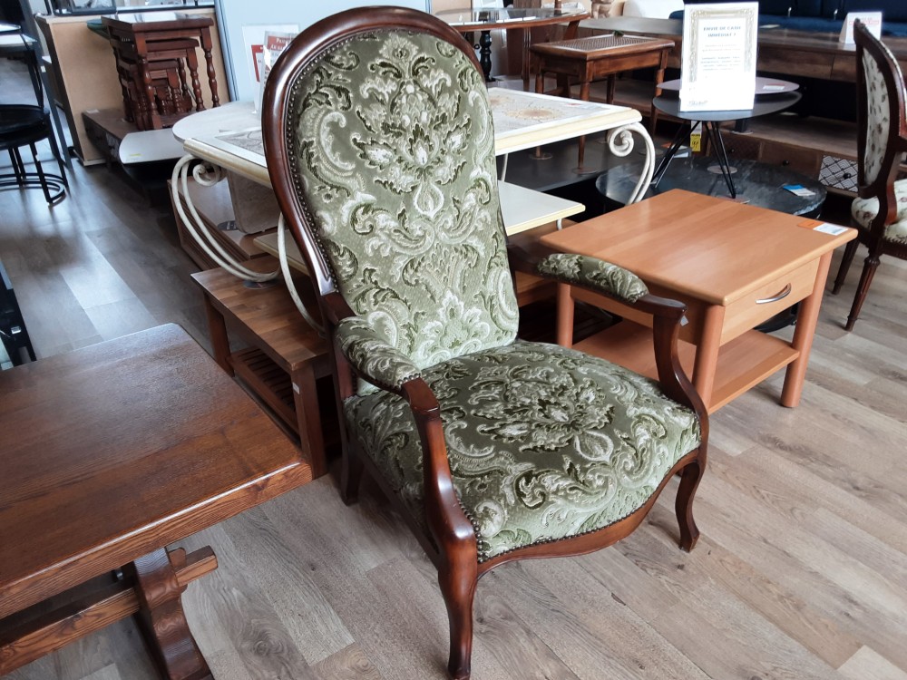 FAUTEUIL VOLTAIRE TISSU VERT A MOTIF