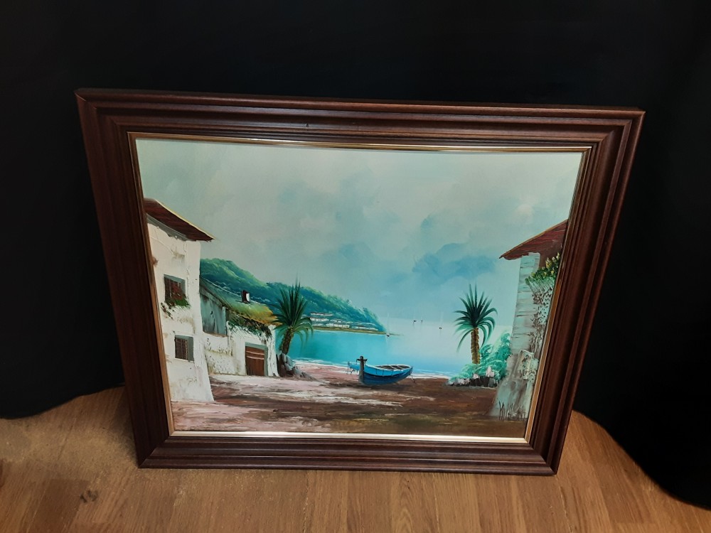 TABLEAU BARQUE PAYSAGE PROVENCALE CADRE BOIS