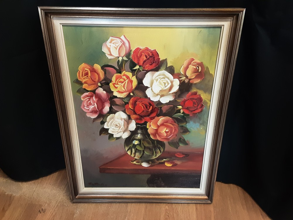 TABLEAU FLEURS SIGNE CADRE BOIS DORE