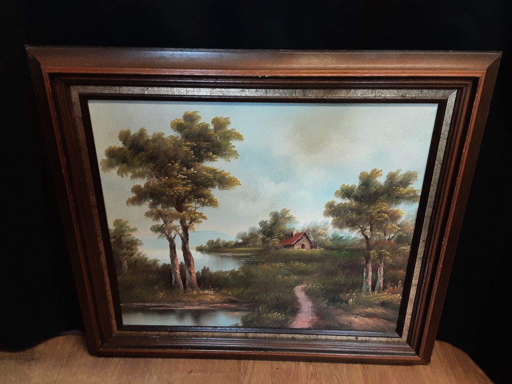 TABLEAU PAYSAGE MAISON ETANG SIGNE CADRE BOIS