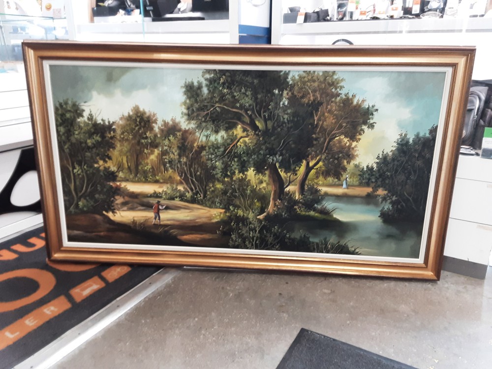 TABLEAU TGM SIGNE CADRE BOIS DORE PAYSAGE FORET ET PERSONNAGES