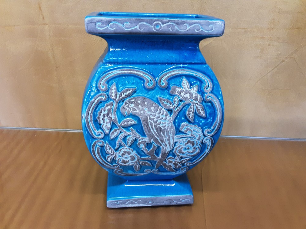 VASE CERAMIQUE BLEU MOTIF PERROQUET