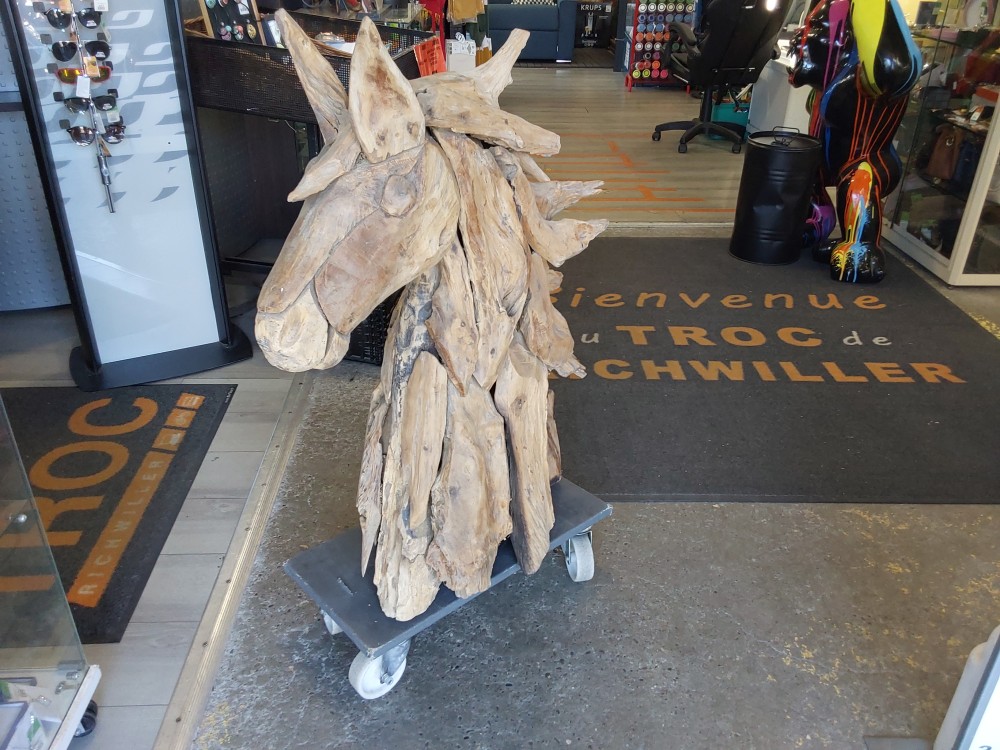 BUSTE DE CHEVAL EN BOIS TECK FLOTTE HAUT 100CM