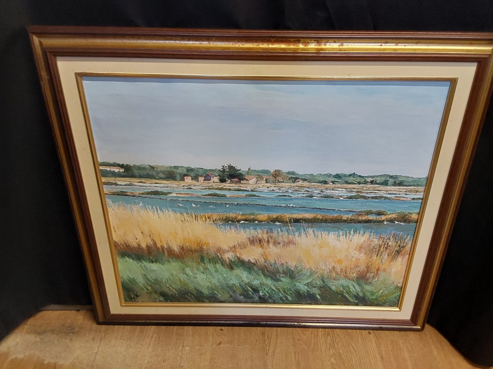 Tableau Paysage Village Bord De Mer Signé H.rost Cadre Dore/Marron