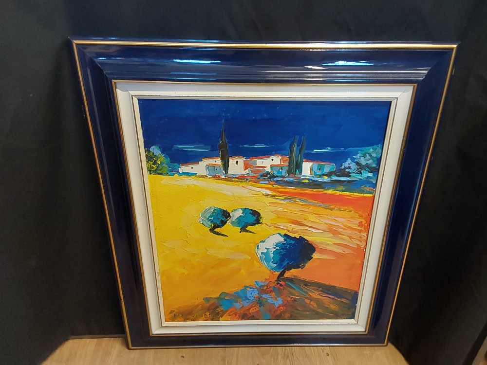 Tableau Paysage Signé Marc Vigneron Cadre Bleu/Doré