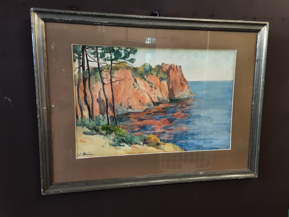 TABLEAU AQUARELLE FALAISE - MER SIGNÉ CADRE À RESTAURER 68X50CM 