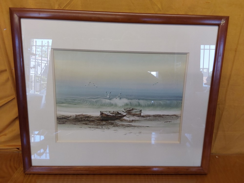 TABLEAU CADRE BOIS AQUARELLE MER ET BARQUES 56X47CM